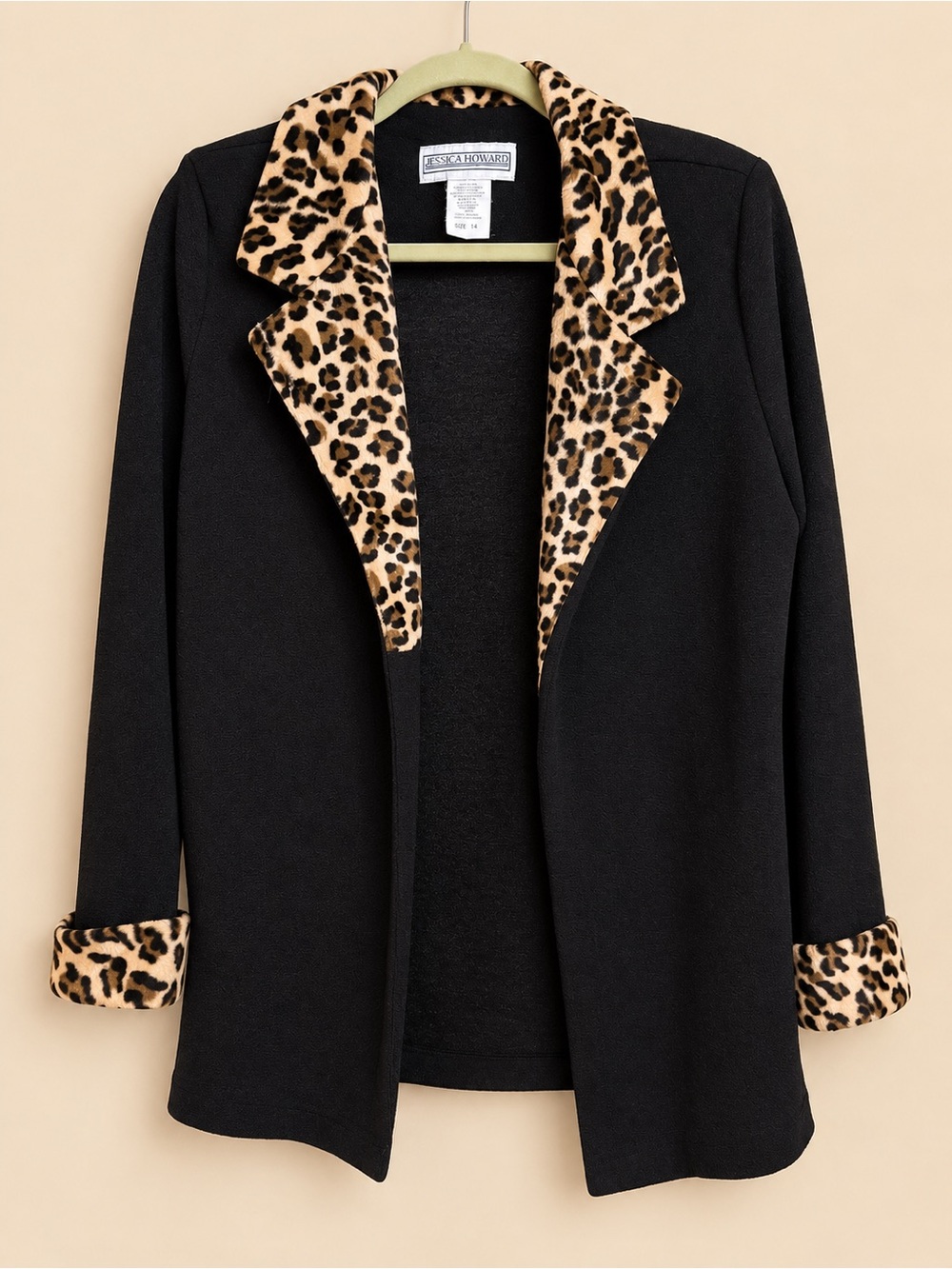 Jessica Howard Black Open-Front Jacket with Leopard-Print Trim
